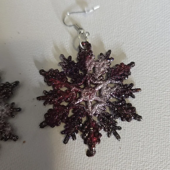 HANDCRAFTED Snowflake Earrings HANDPAINTED HANDMADE Shimmery Holiday Jewelry - Picture 10 of 11
